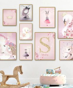 Pink Kawaii Room Decor Swan Nursery Wall Art Canvas Painting Name Personalized Letter Wall Posters and 3