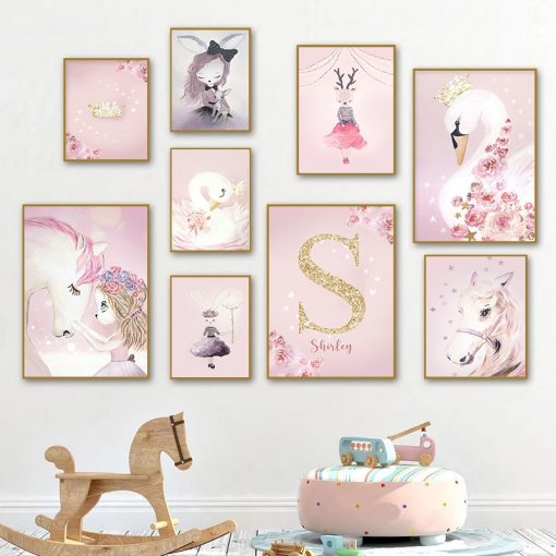 Pink Kawaii Room Decor Swan Nursery Wall Art Canvas Painting Name Personalized Letter Wall Posters and 3