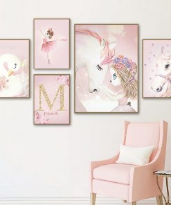 Pink Kawaii Room Decor Swan Nursery Wall Art Canvas Painting Name Personalized Letter Wall Posters and 4