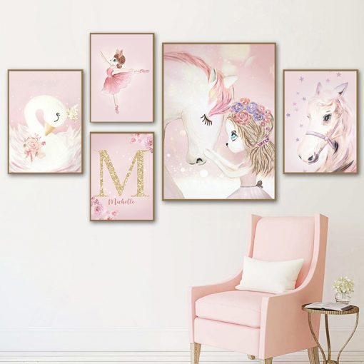 Pink Kawaii Room Decor Swan Nursery Wall Art Canvas Painting Name Personalized Letter Wall Posters and 4