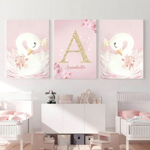 Pink Kawaii Room Decor Swan Nursery Wall Art Canvas Painting Name Personalized Letter Wall Posters and