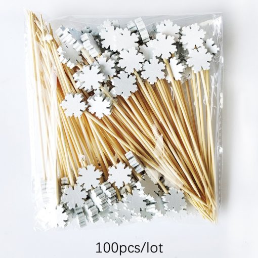 100Pcs Christmas Disposable Bamboo Skewers Fruit Fork Snowflake Frozen Christmas Tree Gold Elk Food Picks Sandwich 1