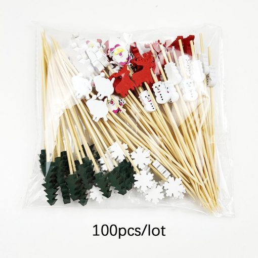 100Pcs Christmas Disposable Bamboo Skewers Fruit Fork Snowflake Frozen Christmas Tree Gold Elk Food Picks Sandwich 2
