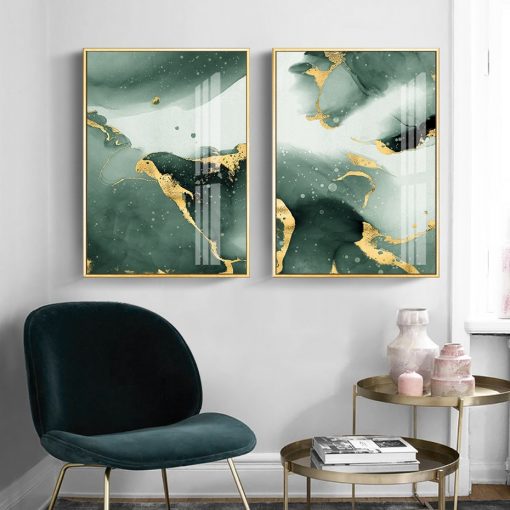Abstract Dark Green Golden Watercolor Ink Wall Art Canvas Poster Painting Print Picture for Living Room 1