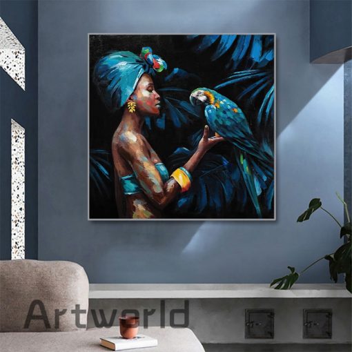 African Art Woman with Parrot Ethnic Style Canvas Painting Wall Art Picture Figure Painting for Living 1