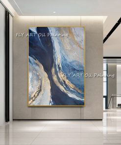 Christmas Gifts Abstract Blue Gold Foil Handpainted OilPainting Blue Modern Golden Wall Art Picture for Living 2