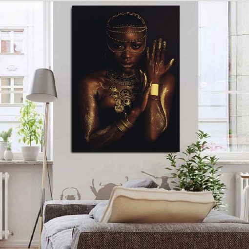 Hot Selling African Woman Canvas Painting Fashion Model Black Gold Poster Home Wall Art Canvas Decoration 2