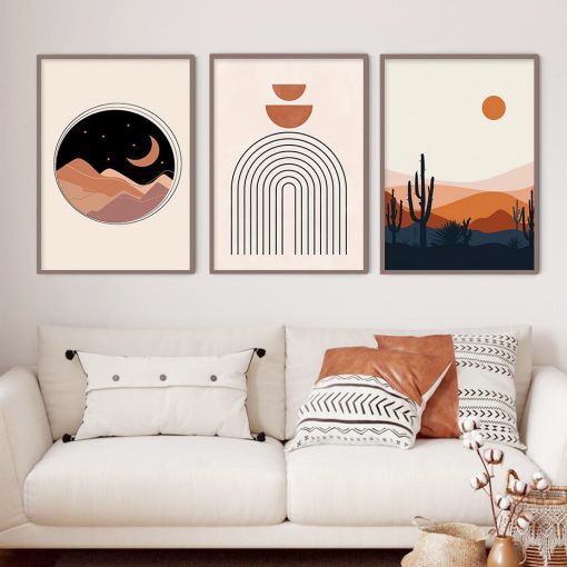 Mid Century Modern Abstract Boho Sun Moon Desert Landscape Poster Canvas Paintings Wall Art Print Picture 1