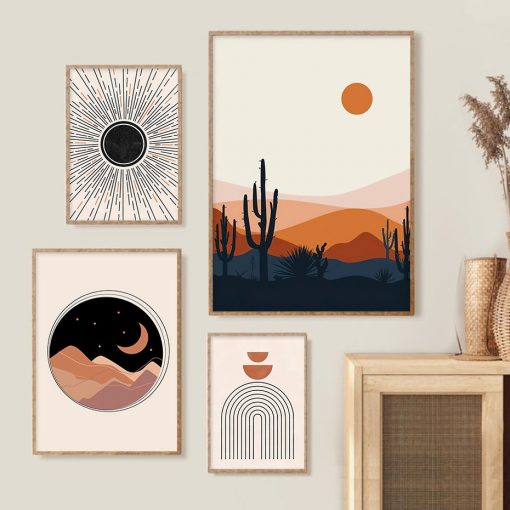 Mid Century Modern Abstract Boho Sun Moon Desert Landscape Poster Canvas Paintings Wall Art Print Picture