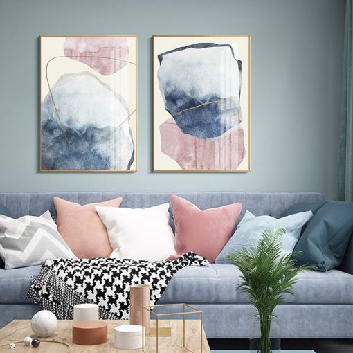 Modern Abstract Light Blue Pink Color Block Canvas Painting Wall Art Print Poster Pictures Living Room 2