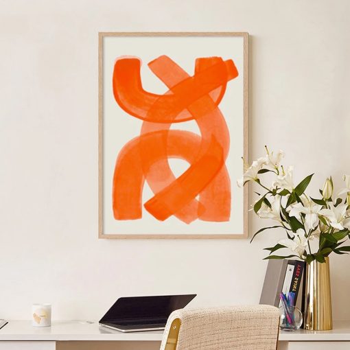 Modern Abstract Mid Century Watercolor Brush Strokes Poster Orange Canvas Print Painting Wall Art Picture Living