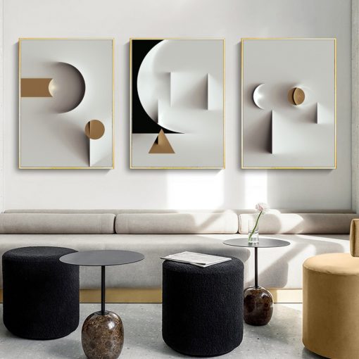 Modern Black and White Abstract Geometric Matt Gold Canvas Painting Wall Art Print Poster Picture Living 2