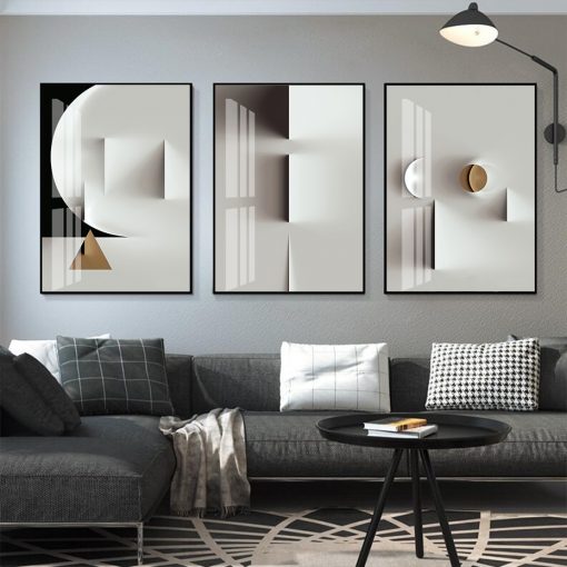 Modern Black and White Abstract Geometric Matt Gold Canvas Painting Wall Art Print Poster Picture Living