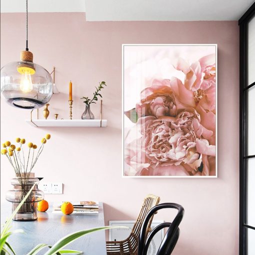 Modern Blooming Pink Peony Flower Green Leaves Poster Canvas Painting Wall Art Prints Picture Living Room 3