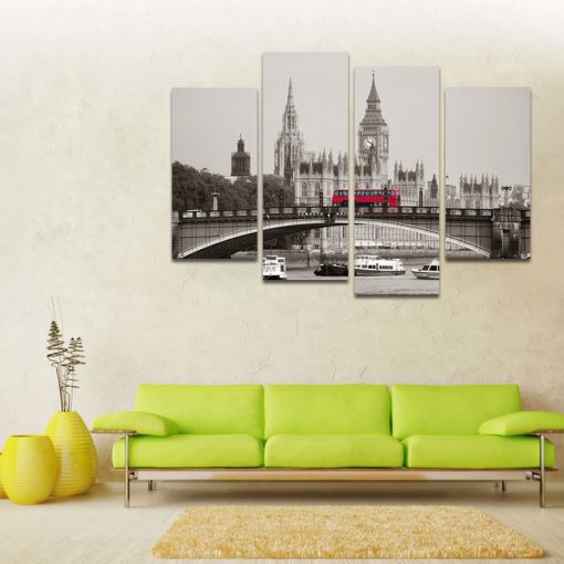 Modern Decor Landscape Poster City London Big Ben Red Bus 4 Pieces Canvas Painting and Prints 2