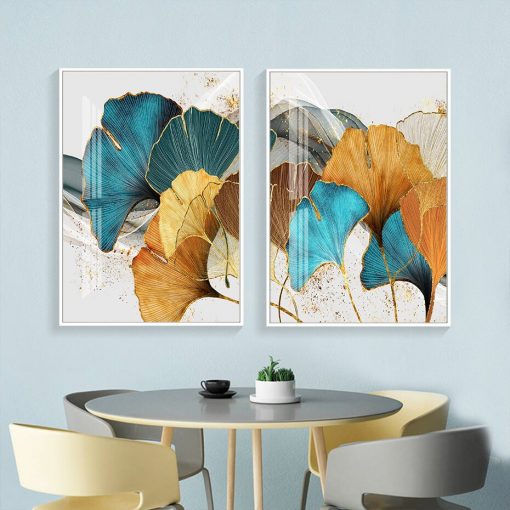 Modern Gold Blue Yellow Leaves Plant Abstract Nordic Wall Art Canvas Painting Posters Print Pictures Living 4
