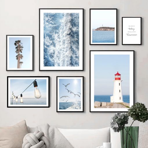 Ocean Lighthouse Palm Tree Bird Landscape Wall Art Canvas Painting Nordic Posters And Prints Wall Pictures
