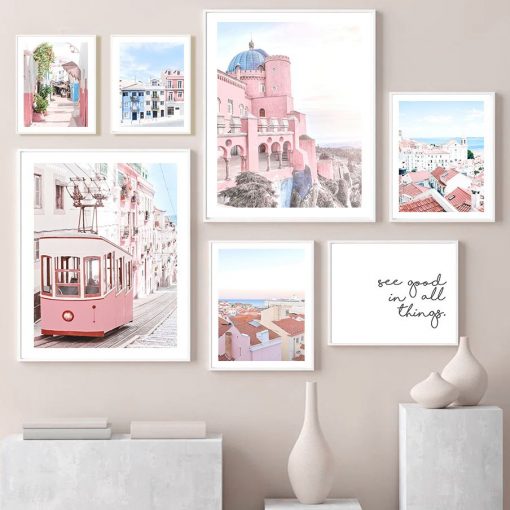 Portugal Lisbon Castle Bus Building Pink Photo Nordic Posters And Prints Art Canvas Painting Wall Pictures 2