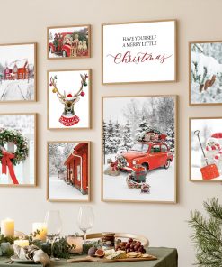 Red Car Dog Elk Christmas Tree Gift Wall Art Canvas Painting Holiday Posters And Prints Wall 2