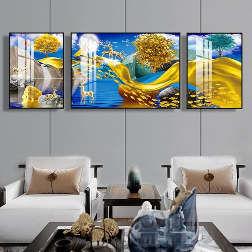3 Panels Chinese Feng Shui Golden Rich Tree Canvas Painting Wall Art Deer Landscape Stone Posters 2