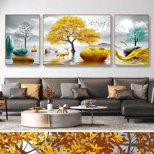3 Panels Chinese Feng Shui Golden Rich Tree Canvas Painting Wall Art Deer Landscape Stone Posters