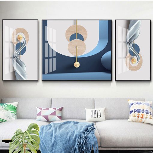 3 Piece Nordic Luxury Blue Ribbon Canvas Painting Wall Art Geometry Gold Lines Posters Prints Wall 2