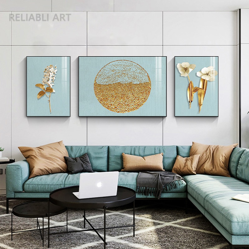 3 Pieces Abstract Luxury Golden Leaves Canvas Painting Gold Foil Moon