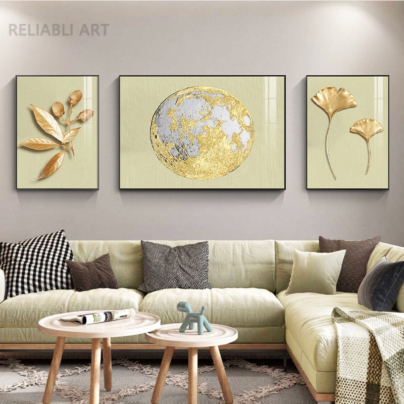 3 Pieces Abstract Luxury Golden Leaves Canvas Painting Gold Foil Moon