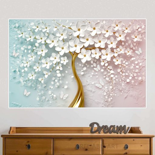 Abstract 3D White Flower Colored Tree Butterflies Canvas Painting Wall Art Pink Floral Posters Prints for 1