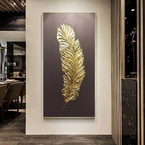 Abtsract Golden Feather Leaves Oil Painting Print on Canvas Posters and Prints For Entrance Home Decorative 2