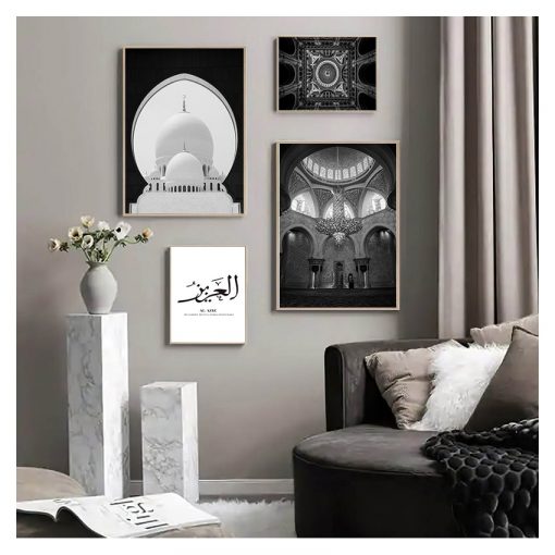 Alhambra Hassan Mosque Wall Art Canvas Picture Modern Painting Living Room Muslim Decoration Black and White 1