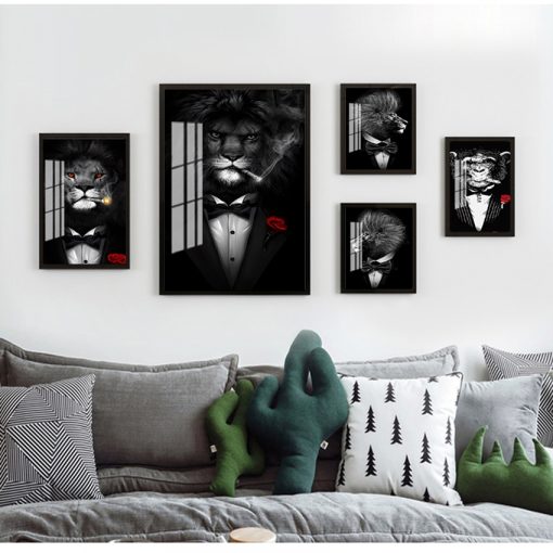 Animals Canvas Paintings On the Wall Art Pictures Funny Animal Black White Lion In Suit Canvas 1