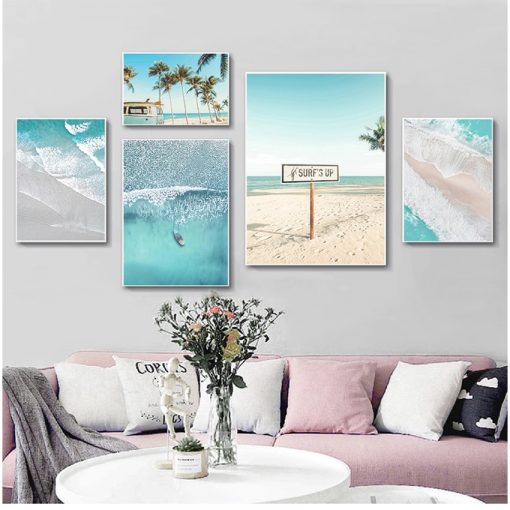 Beach Bus Print Wall Art Canvas Painting Boat Ocean Waves Overhead Picture Nature Scandinavian Nordic Decoration