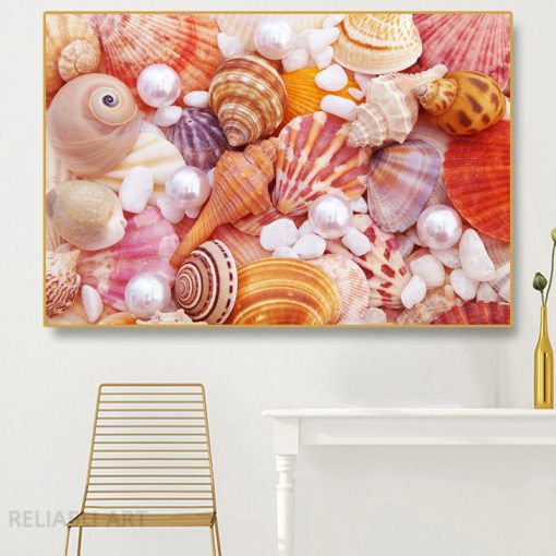 Beach Colorful Sea Collection Canvas Painting Wall Art Seashells Starfishes Conch Posters and Prints for Living 4