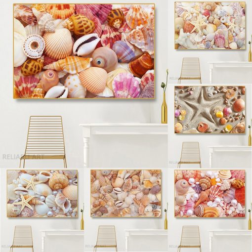 Beach Colorful Sea Collection Canvas Painting Wall Art Seashells Starfishes Conch Posters and Prints for Living