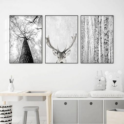 Black and White Scandinavian Winter Canvas Painting Wall Art Woodland Nature Deer Birch Forest Poster For 4
