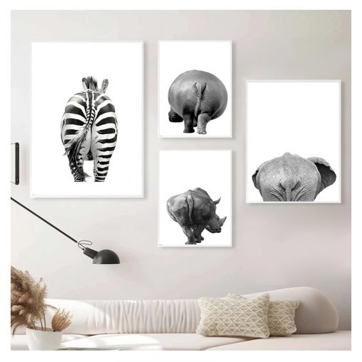 Canvas Painting Black and White Wall Art Elephant Giraffe Rhino Poster Nordic Style Wall Decor Animal 4