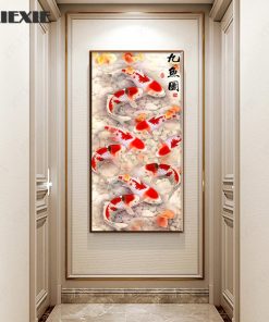 Chinese Style Poster Abstract Nine Koi Fish Lotus Canvas Painting Poster Feng Shui Wall Art Painting 2