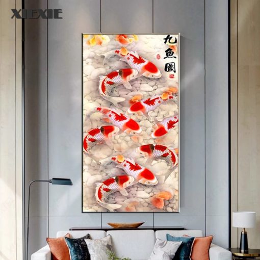 Chinese Style Poster Abstract Nine Koi Fish Lotus Canvas Painting Poster Feng Shui Wall Art Painting 3