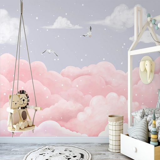 Custom Any Size Mural Wallpaper Nordic Style Hand Painted Fantasy Cloud Sea Bird Children s Room