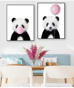 Cute Pink Balloon Baby Shower Gift Canvas Painting Baby Panda Print Animal With Bubble Gum Poster 2