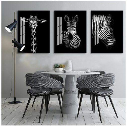 Decor Black and White Animals Poster Animals Wall Art Canvas Painting Zebra Elephant Giraffe Print and