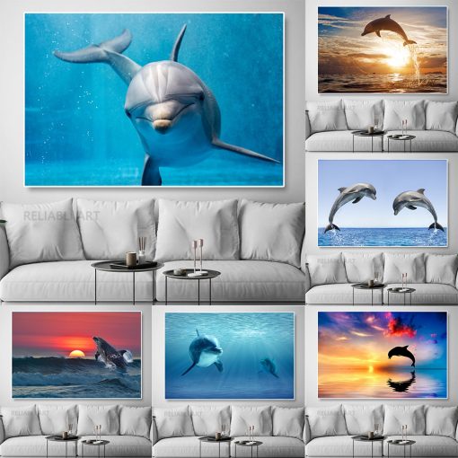 Dolphins Waves Hawaii Pacific Ocean Canvas Print Smiling Dolphin Wall Pictures Animal Posters and Prints for