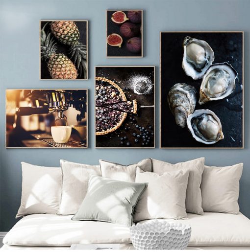 Food Kitchen Poster Wall Art Canvas Print Blueberry Pie Fig Coffee Painting Decorative Picture Modern Dining