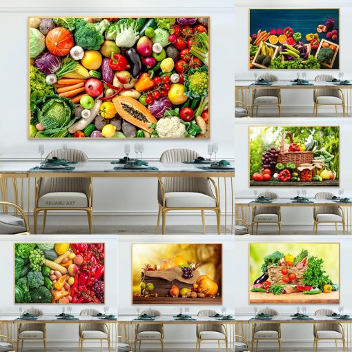 Fresh Fruits and Vegetables Basket Wall Pictures Colorful Green Plant Canvas Painting Posters for Kitchen Wall