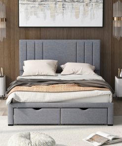 Full Size Upholstery Platform Bed with Two Drawers and Footboard Gray 2
