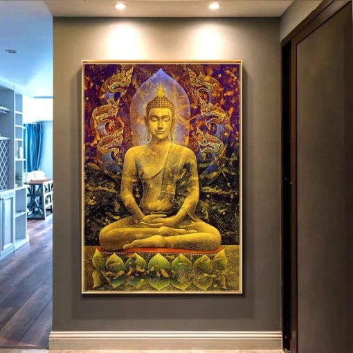 Golden Buddha Statue Canvas Painting Meditation Buddha Poster Modern Buddhist Decorative Home Decor Wall Art Pictures 1