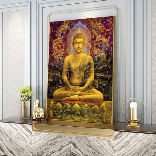 Golden Buddha Statue Canvas Painting Meditation Buddha Poster Modern Buddhist Decorative Home Decor Wall Art Pictures 2