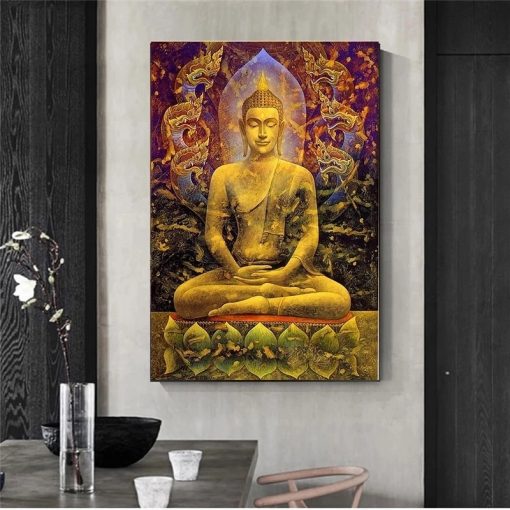 Golden Buddha Statue Canvas Painting Meditation Buddha Poster Modern Buddhist Decorative Home Decor Wall Art Pictures