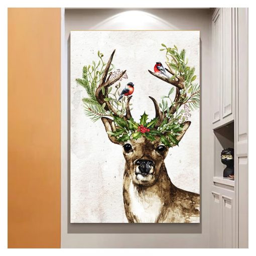 Holly Berries Christmas Holiday Decoration Poster Wall Art Canvas Painting Farmhouse Decor Woodland Animal Deer Print 1